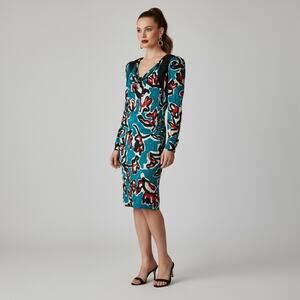 Vtg 80s Flora Kung 100% Silk Dress Size 10 Teal Red Abstract Print Shoulder Pads